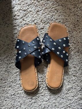 Studded Black Cross-Strap Slide Sandals